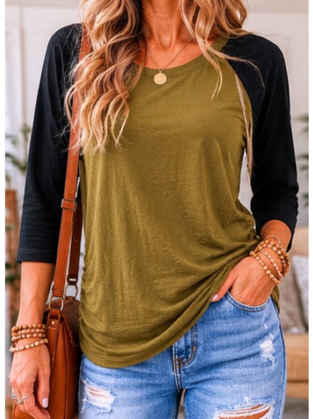 PACT Organic Cotton Ruched Side Baseball Tee Olive Black 3/4 Sleeve XL